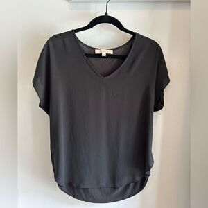 LOFT Black V Neck High-Low Mixed Fabric top